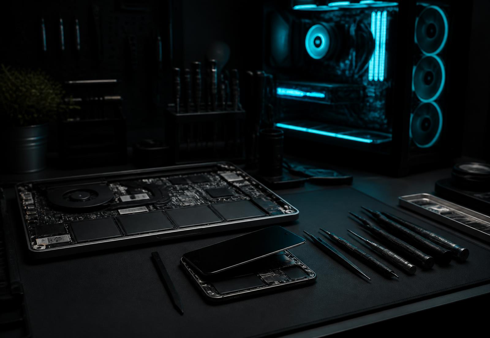 Repair bench with an opened laptop, phone mid-repair and a glowing custom PC